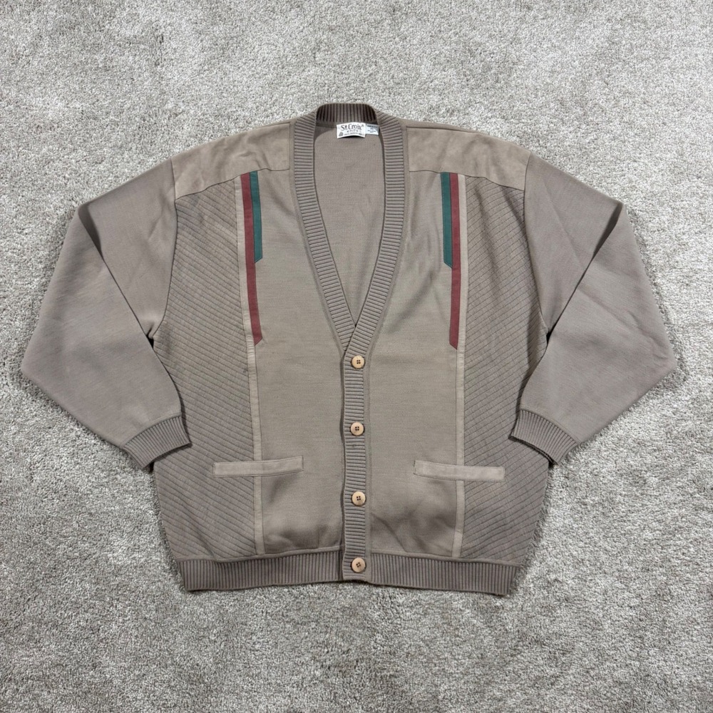 Vintage St. Croix Knits Men XL Taupe Brown 100% Wool Button Cardigan Sweater USA